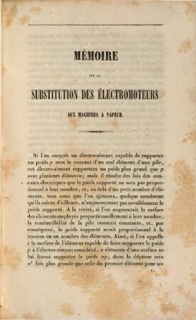 Mémoire sur la substitution des électromoteurs aux machines à vapeur, et description d'un électromoteur d'une grande puissance et d'une horloge électromagnétique à force régulatrice rigoureusement constante
