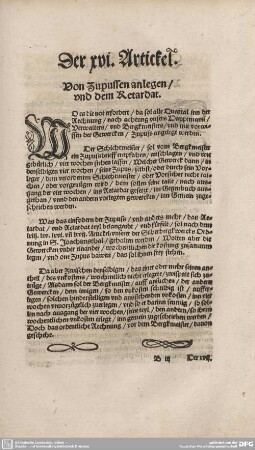 Der XVI. Artickel. Von Zupussen anlegen / und dem Retardat.