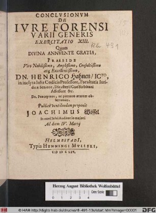 Conclusionum De Iure Forensi Varii Generis Exercitatio XIII.