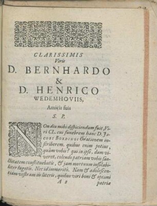 Clarissimis Viris D. Bernhardo & D. Henrico Wedemhoviis, Amicis suis S. P.