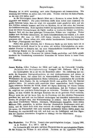 745-746, Else Wentscher. Der Wille. Versuch einer psychologischen Analyse. 1910
