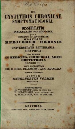 De cystitidis chronicae symptomatologia : dissertatio inauguralis pathologica
