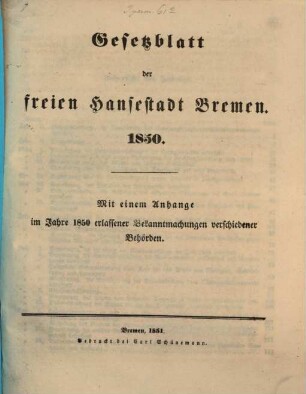 Gesetzblatt der Freien Hansestadt Bremen. 1850, 1850. - 1851
