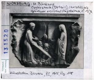 Würzburg: St. Burkard, Opferstock, Detail, Christus als Gärtner