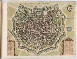 Vogelschauplan von Mailand, kolorierter Kupferstich, um 1682 : Mediolanum Vulgo Milanen. - [Ca. 1:8.500]. - [Amsterdam] : [Bÿ d' Erfsgenamen van Joannes Janssonius van Waesberge], [1682]. - 1 Vogelschauplan : Kupferstich. ; 50 x 40 cm (Karte) +++ Mit Gebäudeverz.