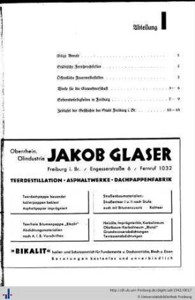Abteilung I. Eilige Anrufe, städtische Fernsprechstellen, Feuermeldestellen, Winke für die Einwohnerschaft, Sehenswürdigkeiten, Zeittafel der Stadt Freiburg i.Br.