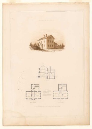 Schulhaus, Rothenburg/Oder: Bl. 38: Perspektivische Ansicht, Querschnitt, Grundrisse (aus: Bauausführungen des preußischen Staats, Bd. 2)
