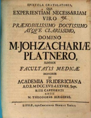 Epistola gratulatoria qua experientiam necessariam ...