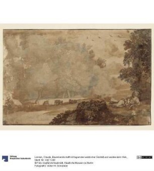 Baumlandschaft mit lagernder weiblicher Gestalt und weidendem Vieh