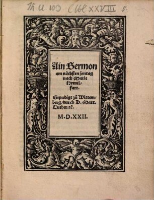 Ain Sermon am nächsten sontag nach Marie Hymelfart : Gepredigt zu Wittemberg