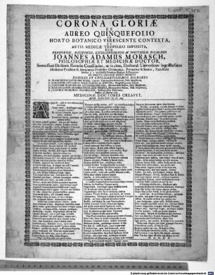 Corona gloriae ex aureo quinquefolio in horto botanico virescente contexta ... : Festgedicht zur Promotion von 5 Medizinern a. d. Univ. Ingolstadt, VI. Id. Aug. 1731