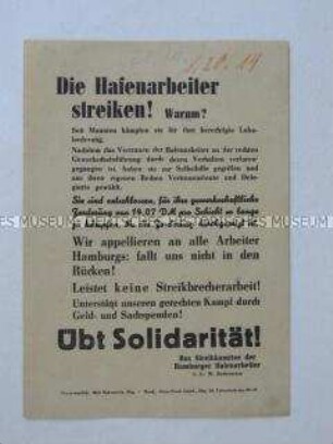 Propagandaflugblatt zum Hafenarbeiterstreik 1951 mit dem Aufruf zur Solidarität