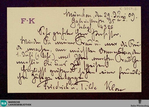 Postkarte von Friedrich Klose an Unbekannt vom 29.06.1909 - K 3354, 2
