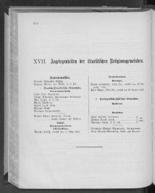 XVII. Angelegenheiten der israelitischen Religionsgemeinden.