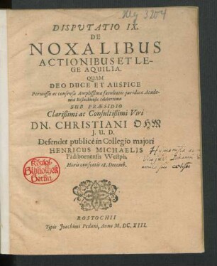 Disputatio IX. De Noxalibus Actionibus Et Lege Aquilia