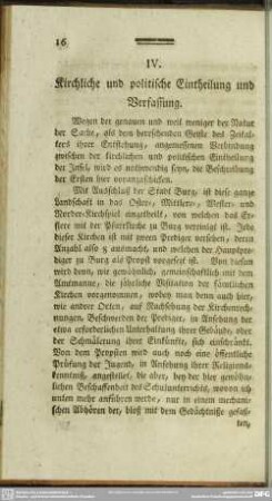 IV. Kirchliche und politische Eintheilung und Verfassung