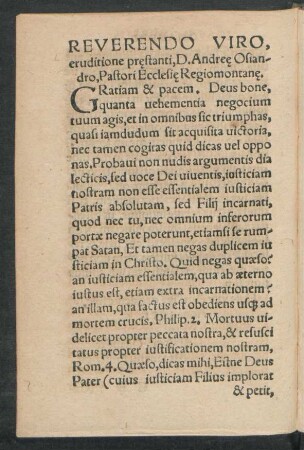 Reverendo Viro, eruditione praestanti, D. Andreae Osiandro, Pastori Ecclesiae Regiomontanae.