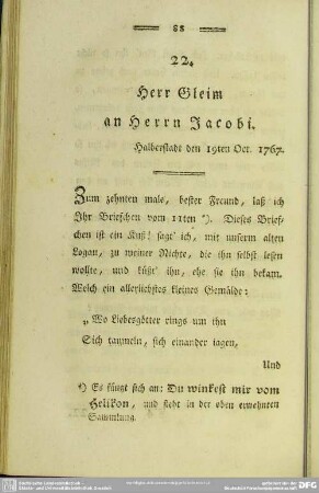 22. Herr Gleim an Herrn Jacobi. Halberstadt den 19ten Oct. 1767