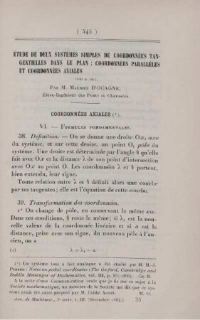 Étude de deux systèmes simples de coordonnées tangentielles dans le plan: coordonnées parallèles et coordonnées axiales.