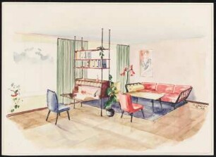 Wohnzimmer mit Arbeitsplatz. Sitzecke bestehend aus Dreisitzer, sichtbares Holzgestell, Armlehnen nicht gepolstert, zwei Sessel, Stehlampe, rechteckiger Tisch, vierbeinig, Regal als Raumteiler mit integriertem Schreibschrank, darüber 2 Bücherfächer, Schreibtischsessel, Lehne und Sitz gepolstert, Deko