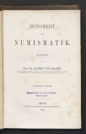 8.1881: Zeitschrift für Numismatik
