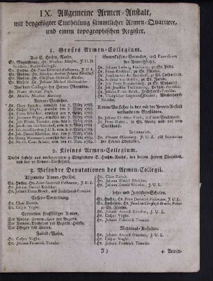 IX. Allgemeine Armen-Anstalt, mit beygefügter Eintheilung sämmtlicher Armen-Quartiere, und einem topographischen Register.