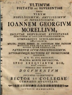 Ultimum pietatis ac reverentiae erga Vir. Nob. Do. Ge. Morellium ... documentium