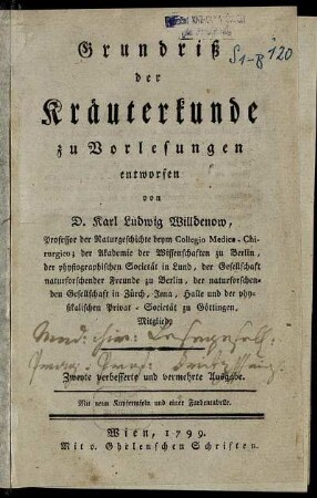 Grundriß der Kräuterkunde : zu Vorlesungen entworfen : Mit neun Kupfertafeln und einer Farbentabelle