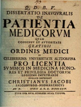Dissertatio Inavgvralis De Patientia Medicorvm