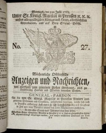 No. 27. Montags, den 5ten Julii 1762.