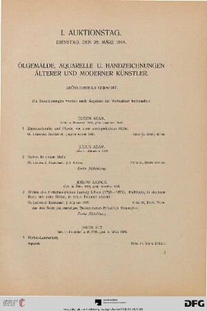 I. Auktionstag. Dienstag, den 26. März 1918. Ölgemälde, Aquarelle u. Handzeichnungen Älterer und Moderner Künstler (Nr. 1-164)