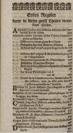 Erstes Register derer in diesen zwölf Theilen recensirten Bücher.