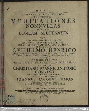 Dissertatio Philosophica Complectens Meditationes Nonnullas Praecipue Logicam Spectantes