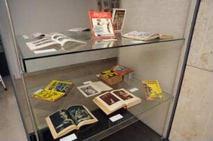 Ausstellung "Zeitgeist im Oktavformat. Illustrierte Magazine der 20er Jahre". 14.09.2013-19.11.2913. Vitrine "Revue des Monats" und "Das Kriminal-Magazin"