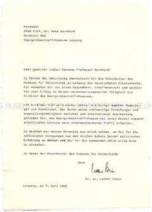 Glückwunschschreiben des Museums für Völkerkunde Leipzig zum 60. Geburtstag - Personenkonvolut