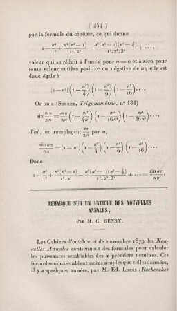 Remarque sur un article des nouvelles annales.