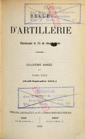 Revue d'artillerie. 24. 1884 = Année 12