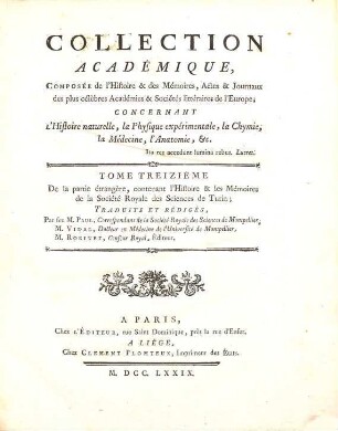 Collection académique : Composée des mémoires, actes ou journaux des plus célèbres académies et sociétés littéraires étrangères ... concernant l'histoire naturelle et la botanique, la physique expérimentale et la chymie ..., 13
