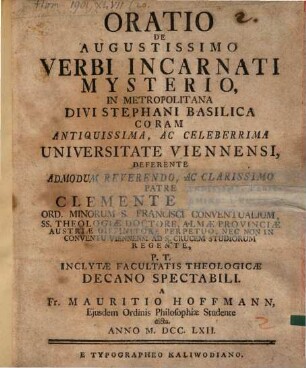 Oratio de augustissimo Verbi Incarnati mysterio