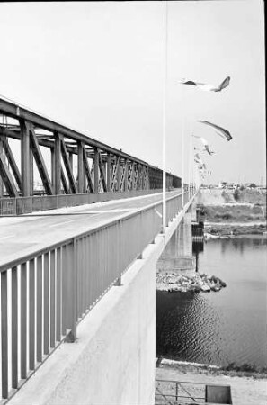 Neuenburg-Chalampé: Einweihung der Brücke Neuenburg-Chalampé; neue Straßenbrücke Neuenburg-Chalampé, seitlich mit Altem Rhein