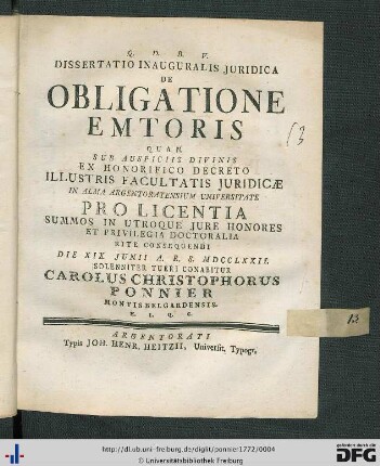 Dissertatio Inauguralis Juridica De Obligatione Emtoris