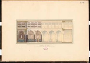 Gasthof 1. Ranges, Berlin Schinkelwettbewerb 1865: Längsschnitt durch den Festsaal; Maßstabsleiste, Erläuterungstext