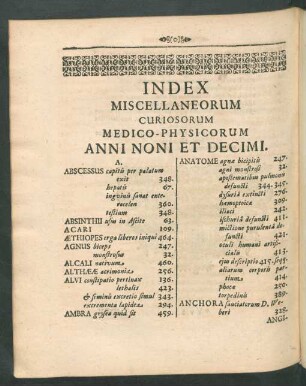 Index Miscellaneorum Curiosorum Medico-Physicorum Anni Noni Et Decimi.