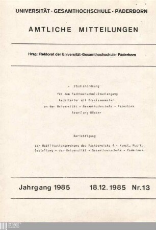 Studienordnung für den Fachhochschul-Studiengang Architektur mit Praxissemester and der Universität - Gesamthochschule - Paderborn, Abteilung Höxter : 18.12.1985