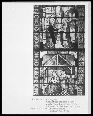 Christusfenster, N XV, Felder 2b, 1b: Geburt Christi, Heimsuchung