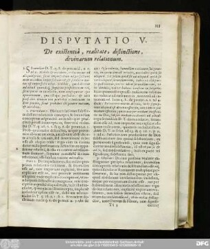 Disputatio V. De existentiâ, realitate, distinctione, divinarum relationum.