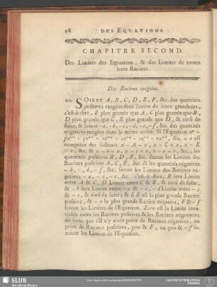 Chapitre Second. Des Limites des Equations, & des Limites de toutes leurs Racines