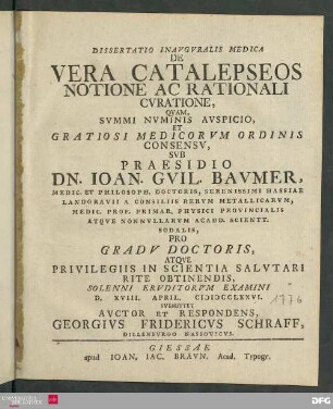 Dissertatio Inavgvralis Medica de Vera Catalepseos Notione Ac Rationali Cvratione