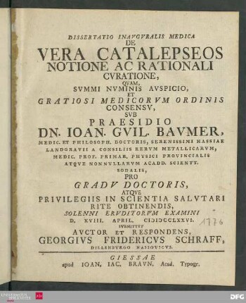 Dissertatio Inavgvralis Medica de Vera Catalepseos Notione Ac Rationali Cvratione