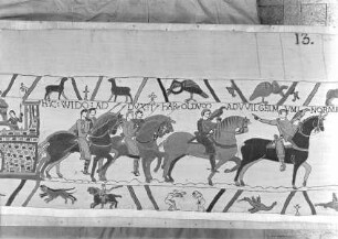 Der Teppich von Bayeux — 10. Szene: Graf Wido und seine Reiter bringen Harold zu Herzog Wilhelm, der ihnen entgegenreitet